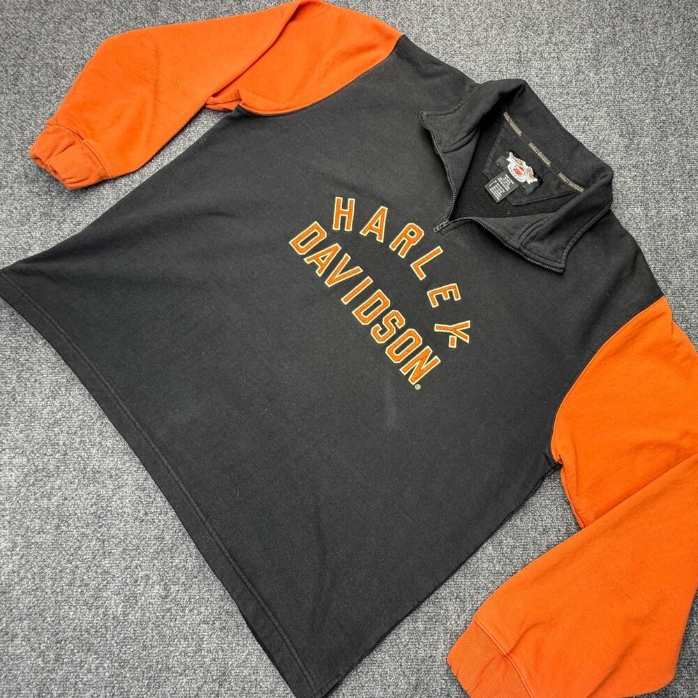 Vintage Harley Davidson Quarter Zip Sweatshirt Black Orange XXL